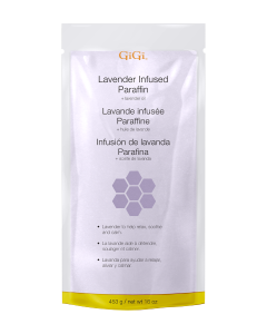 Front view of GiGi Lavender Infused Paraffin Wax 16 ounce pack with the product name in English, French, & Spanish