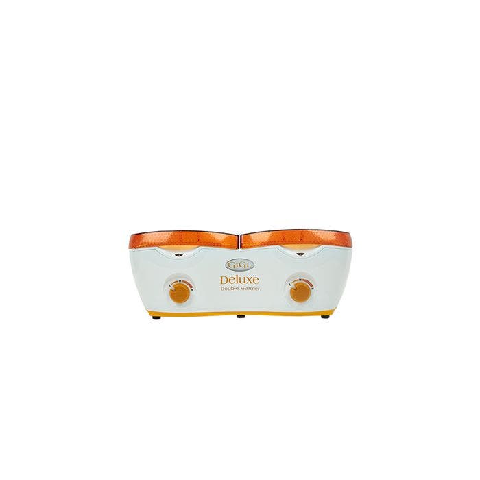 Full front view of the Gigi Double Wax Warmer showing its 2 receptacles covered with orange lids and two temperature knobs