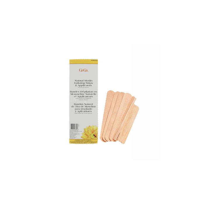 Front view of GiGi Natural Muslin epilating strips and applicator pack with a wooden waxing stick on the side Front view of GiGi Natural Muslin epilating strips and applicator pack with a wooden waxing stick on the side