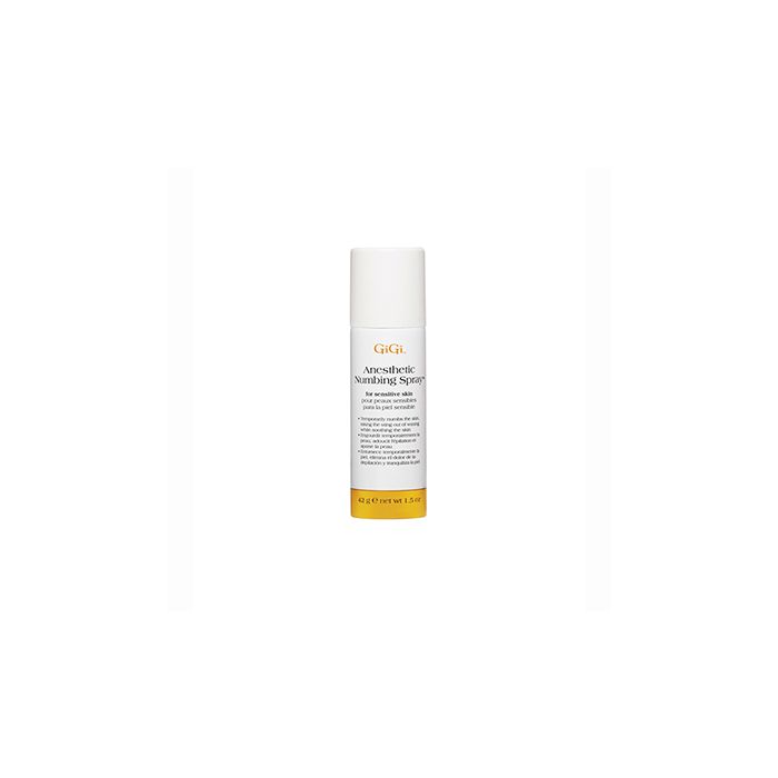 The front face of GiGi Anesthetic Numbing Spray for Sensitive Skin 1.5-ounce bottle The front face of GiGi Anesthetic Numbing Spray for Sensitive Skin 1.5-ounce bottle