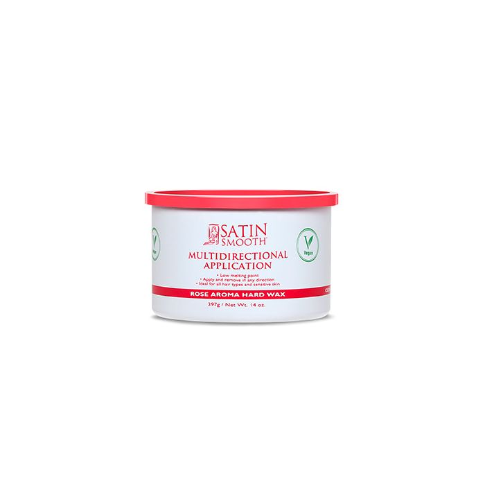 Front view of a 14 ounce can of Satin Smooth Multidirectional Application Rose Aroma Hard Wax with its bright pink lid on
