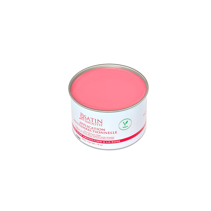 Angled top view of a 14 ounce can of Satin Smooth Multidirectional Application Rose Aroma Hard Wax featuring its glossy pink color
