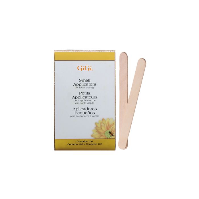 GiGi Small Applicators in retail packaging side by side with 2 applicators arranged into a "V" shape