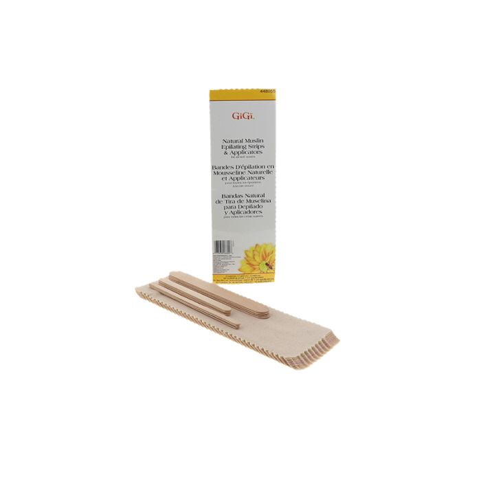 A waxing strip and stick applicator outside of a tall rectangular waxing accessories pack 