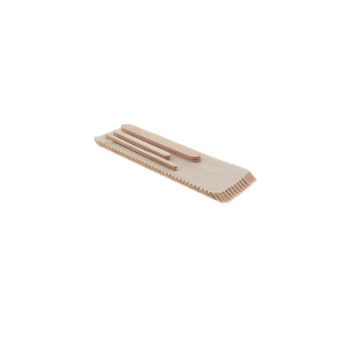 3D illustration of  pre cut muslin epilating strips with a small, medium and large wooden wax spatula