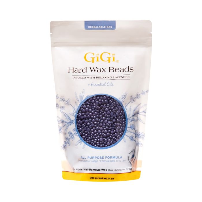 Front view of GiGi Hard Wax Beads Infused with Relaxing Lavender pouch packaging with a window showing lavender-colored wax granules