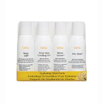 Packaged GiGi Epilating Lotion Trial Pack including 1 bottle each of Wax Off, Post  Wax Cooling Gel, Slow Grow, & Pre Hon