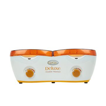 Full front view of the Gigi Double Wax Warmer showing its 2 receptacles covered with orange lids and two temperature knobs