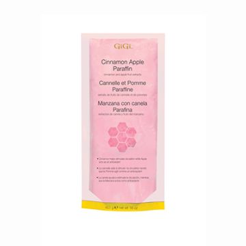 A 16 ounce retail pack of GiGi Cinnamon Apple Paraffin Wax  labelled with product name in 3 languages