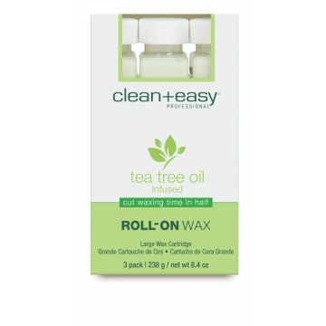 Front view of clean + easy Professional Roll-On Wax in Tea Tree packaging with label text