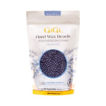Front view of GiGi Hard Wax Beads Infused with Relaxing Lavender pouch packaging with a window showing lavender-colored wax granules